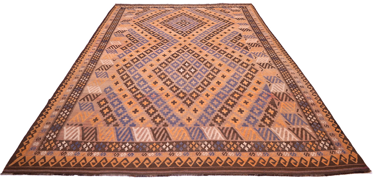 A 13x8 large old Afghan kilim area rug with a geometric diamond pattern in shades of brown, orange, and blue, shown flat against a white background.