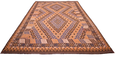 A 13x8 large old Afghan kilim area rug with a geometric diamond pattern in shades of brown, orange, and blue, shown flat against a white background.