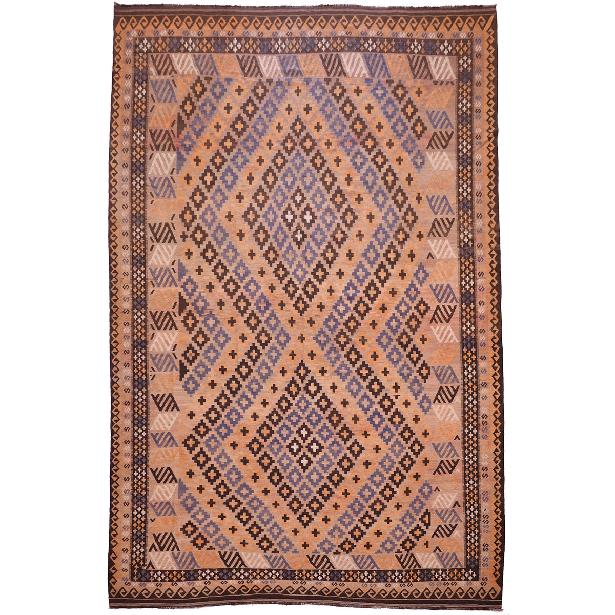 Handwoven Mature colour large old Kilim rug from Afghanistan made from wool, geometric design of rosettes forming 2 diamonds design in colours of faded terracotta, orange, brown, blue and cream.