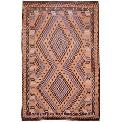 Handwoven Mature colour large old Kilim rug from Afghanistan made from wool, geometric design of rosettes forming 2 diamonds design in colours of faded terracotta, orange, brown, blue and cream.