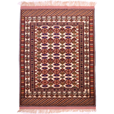 Fine Afghan Silk & Wool Rug beige/cream silk field with contrasting colours in wool of dark blue, pink, green, olive, rust and red. Geometric, classic all over design.