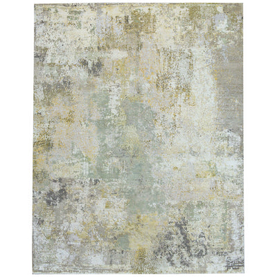 Wool and silk pile, hand-knotted Lichen Alchemy rug - abstract design in high-low pile in shades of green.