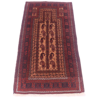 A traditional rectangular Afghan-style antique Belouch prayer rug with a dark red border, a central beige field, and dark red paisley and geometric motifs, shown flat against a white background.