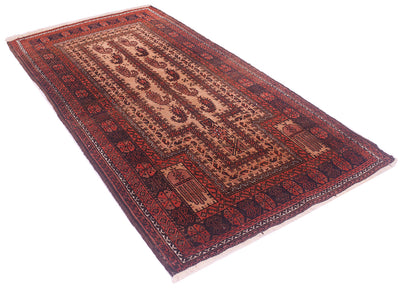 A rectangular Belouch style Afghan prayer rug with a traditional geometric and floral pattern in shades of red, brown, and beige, shown on a plain white background.
