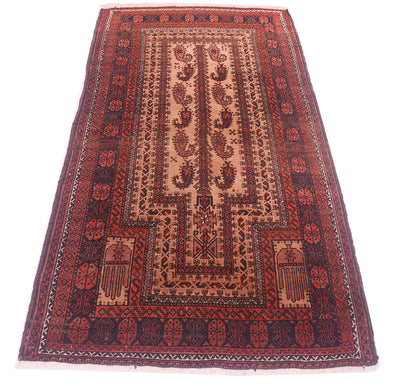 A rectangular handmade antique Belouch prayer rug with a traditional geometric and floral pattern, featuring a central mihrab design in red, brown, and beige tones, photographed flat against a white background.