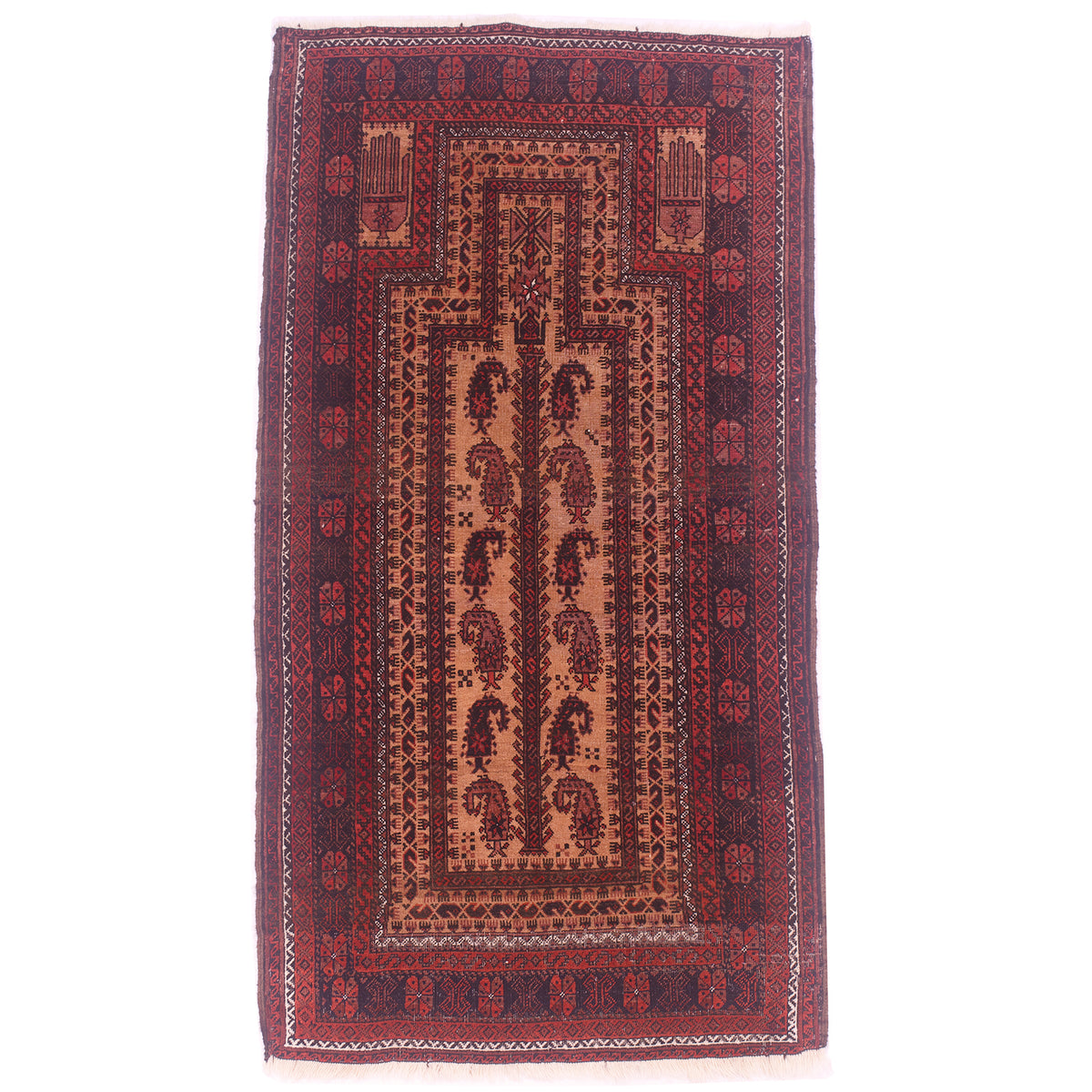Antique Belouch prayer rug circa 1900, camel colour field with mihrab and hand panels, along with colours of rust-red and midnight blue-black. 