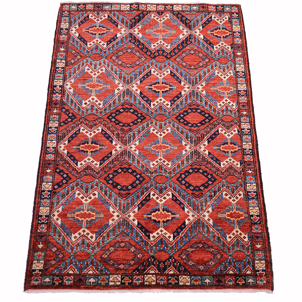 A 5x3 rectangular handmade fine antique style Beshir rug with a rust, navy, and beige geometric pattern, photographed flat against a white background.