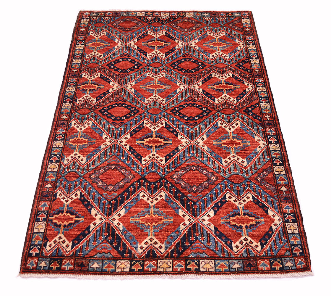 A rectangular hand-woven Afghan antique style Beshir area rug with a traditional geometric pattern in rust-red, navy blue, beige, and orange, shown flat against a white background.