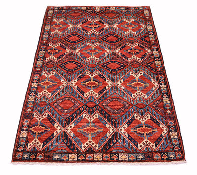 A rectangular hand-woven Afghan antique style Beshir area rug with a traditional geometric pattern in rust-red, navy blue, beige, and orange, shown flat against a white background.