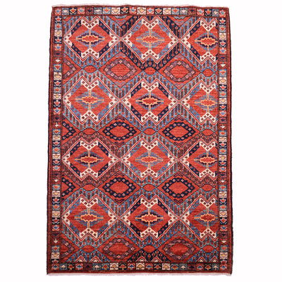 Fine antique style Beshir rug with all over design in colours of rust, blue , yellow and cream.