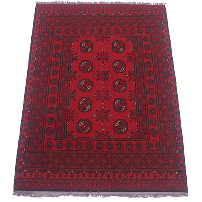 A 5x3 rectangular red Afghan rug with a dark blue-black border and central repeating pattern, shown flat against a white background.