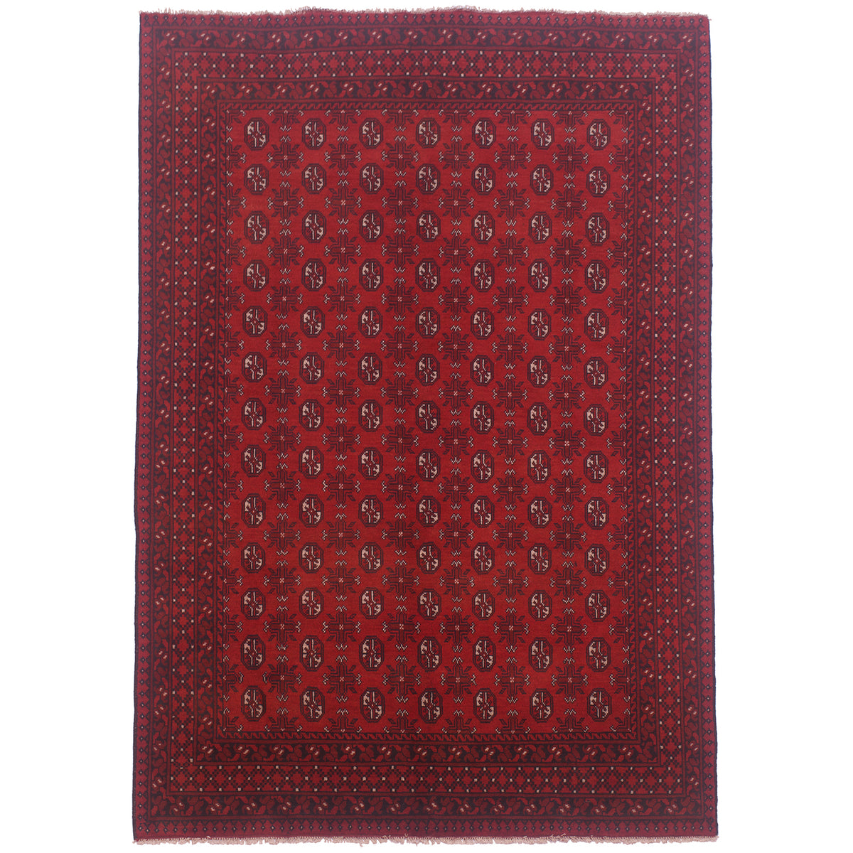 Hand-knotted Red Afghan Bokhara carpet with all over geometric design of bokhara motifs.