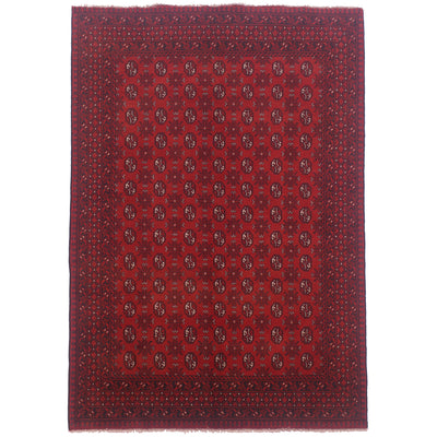 Hand-knotted Red Afghan Bokhara carpet with all over geometric design of bokhara motifs.