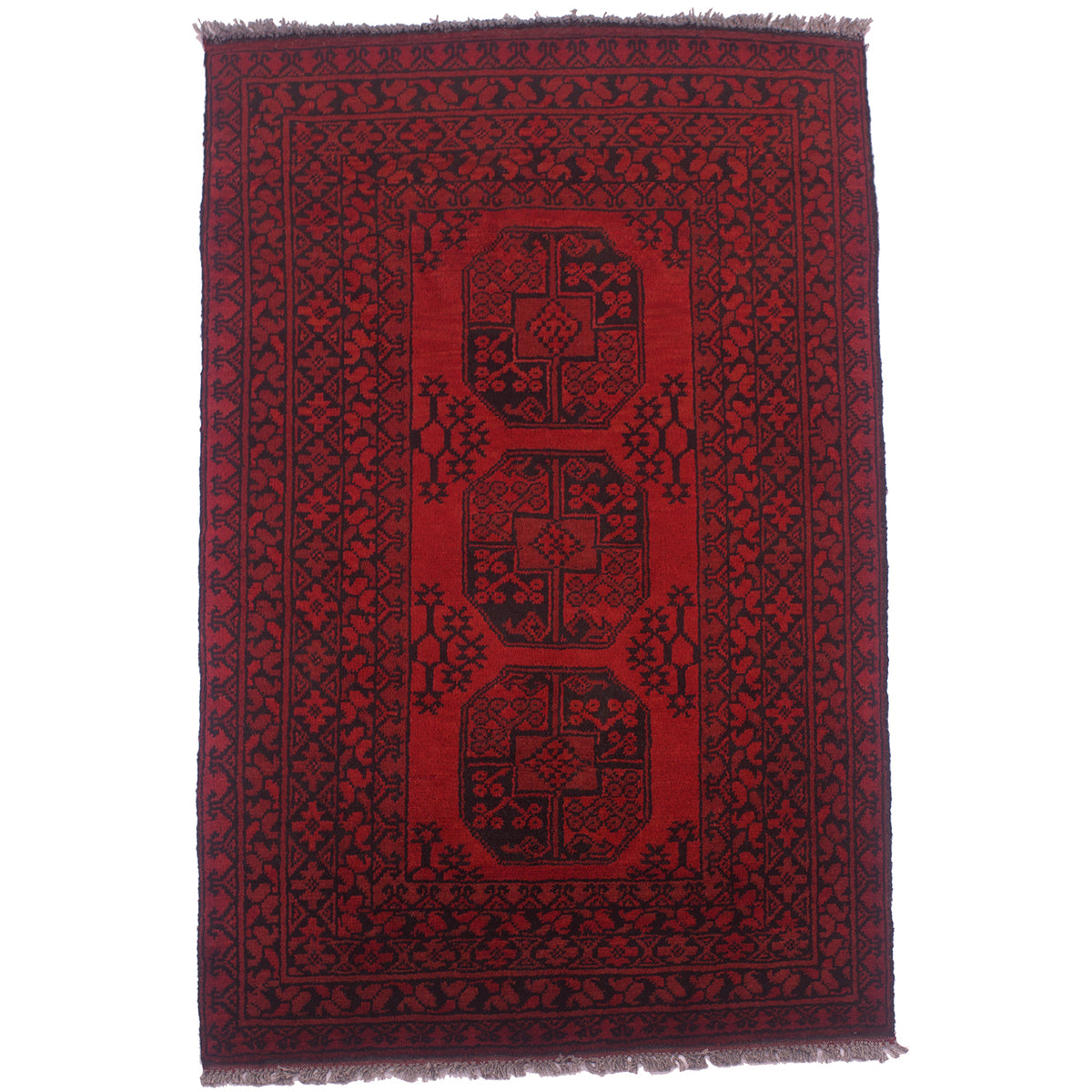 Hand-knotted red and black Afghan Aqcha rug with 3 gul elephants foot design.