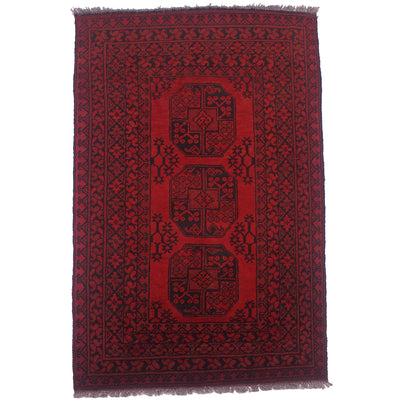 Hand-knotted red and black Afghan Aqcha rug with 3 gul elephants foot design.