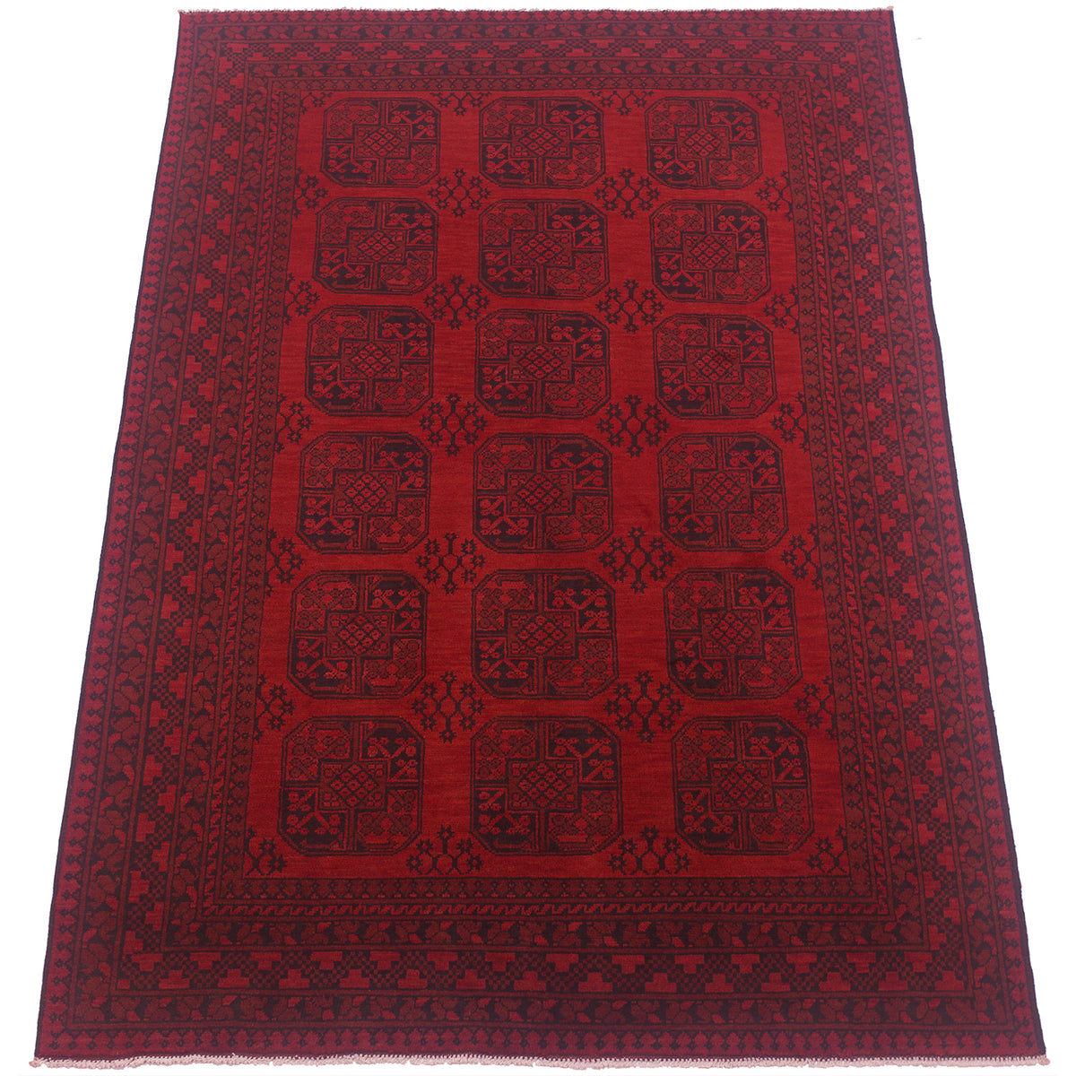 A rectangular red oriental Afghan Fil Pai rug with a black geometric pattern and border, shown flat against a white background.