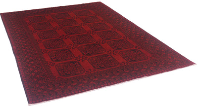 A rich red and black geometric design hand-knotted Afghan Fil Pai carpet with field theme of octagonal motifs on a white background. 