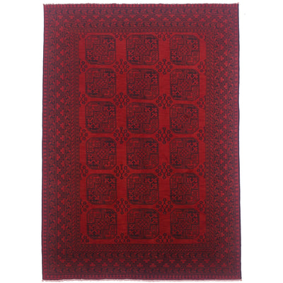 Red and black handmade Afghan Fil Pai carpet with 18 fil pai /elephants foot motifs.