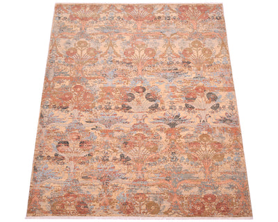 Highly floral and border free arts and crafts style carpet with hints of blue, grey and beige. Handknotted pure wool pile. Vase and flower motifs throughout the design.