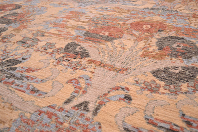 Detail of floral spray bouquets of antiquated floral design  handknotted with pure afghan wool handwoven in India.