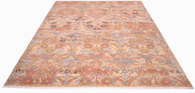 All over floral design with antiquated softened tones of peach, terracotta, blues, greys and beige creams. Floral sparays and blossoms interlinked.