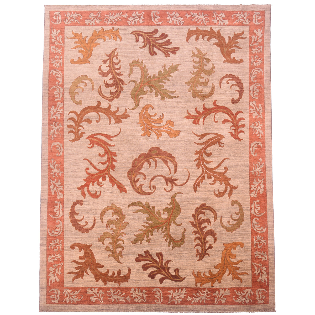 Hand-knotted Afghan Arts and Crafts carpet with all over large scale floral  and leaf design on a neutral grey beige field with autumnal colours