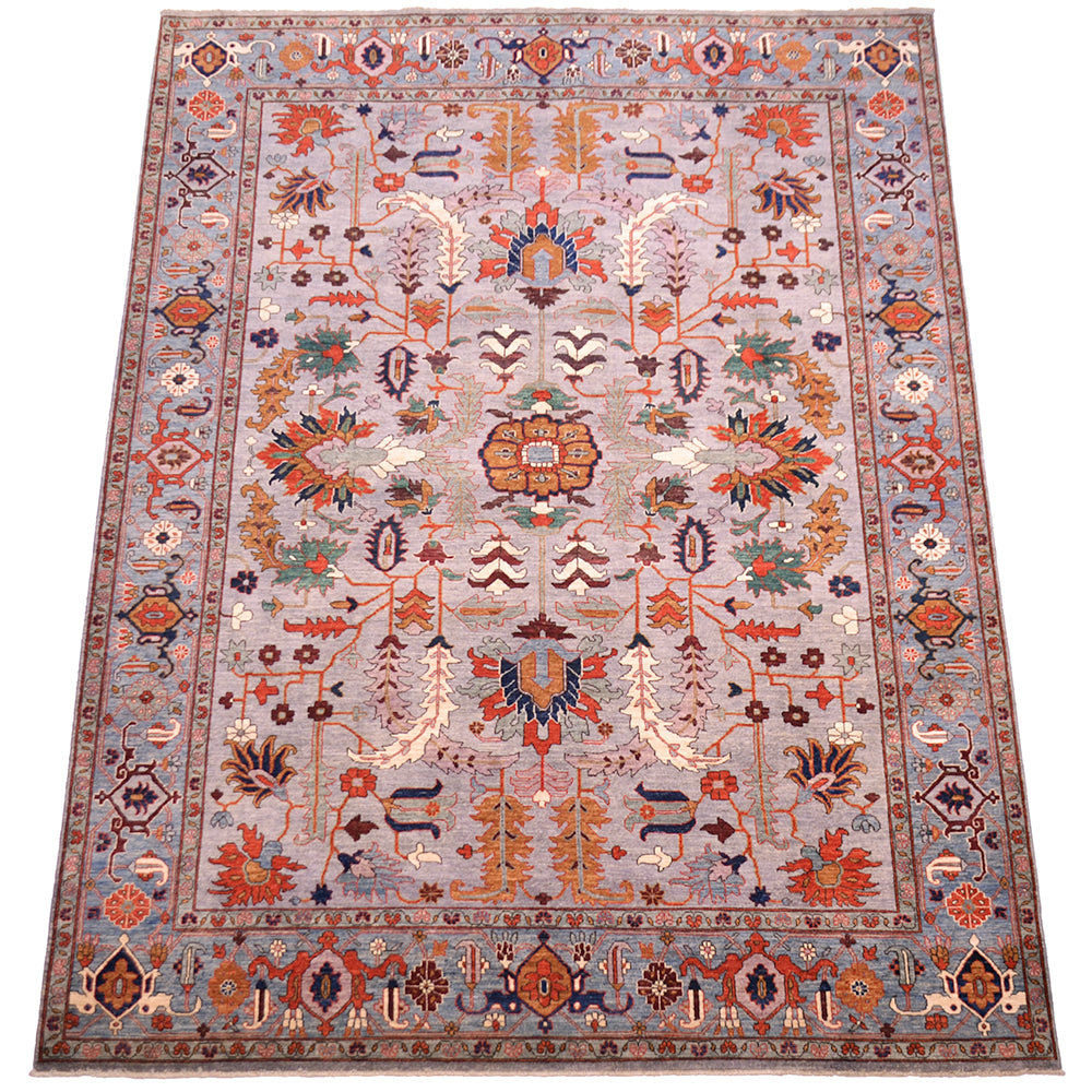 Flourishing of Afghan Aryana Carpet with Persian Serapi design with geometric floralism. Strong floral design with stylized leaves and branching ornaments and angular leaves and boteh.