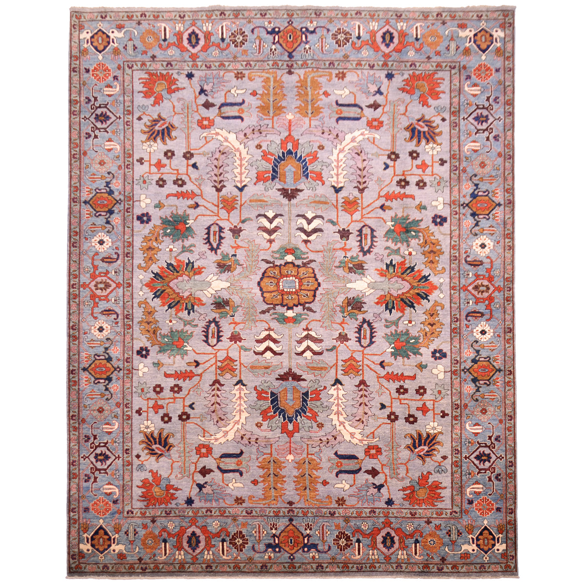 Hand-knotted wool pile Afghan Fine Aryana Carpet with grey field with blue border & detail shades of rust, green, ochre and cream and lilac.Floral geometric Serapi design.
