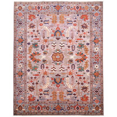 Hand-knotted wool pile Afghan Fine Aryana Carpet with grey field with blue border & detail shades of rust, green, ochre and cream and lilac.Floral geometric Serapi design.