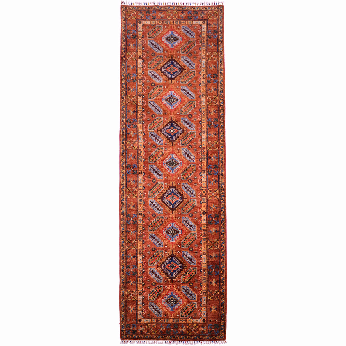 Afghan Aryana wide runner with geometric 9 medallion design and cinnamon main colour with ochre, navy, blue, rust and green.