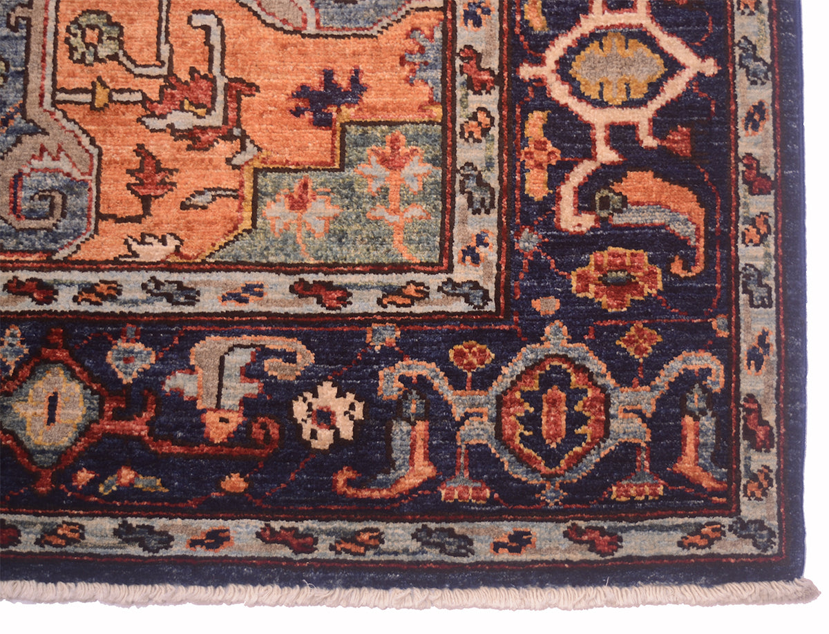 Rug corner with patterned field and light fringe edging