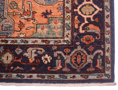 Rug corner with patterned field and light fringe edging