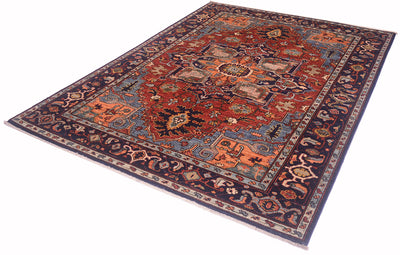 Heriz-style rug with red, blue and orange geometric pattern, flat woven surface