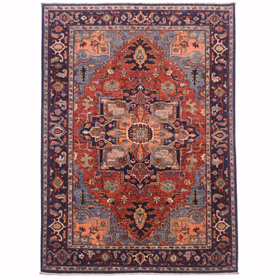 Handmade Aryana Heriz rug with red and navy geometric medallion pattern and border
