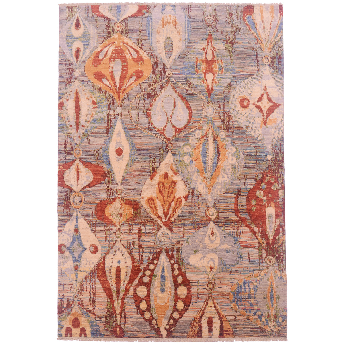 Handmade hand-knotted Afghan wool pile rug with abstract lantern motifs in orange, terracotta, rust, blue, ivory, green, and muted grey shades.