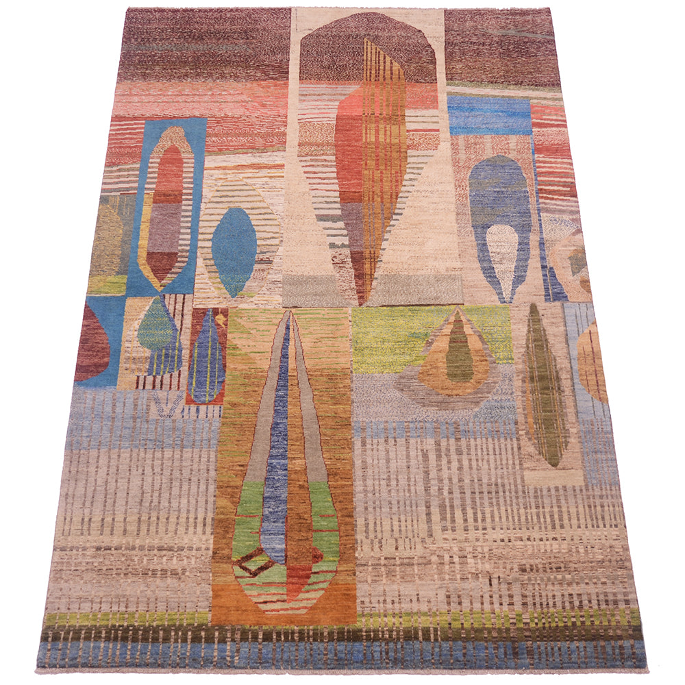 Overall view of abstract modern carpet handwoven in Afghanistan with jewel like earth tones and layer of abstract forms. Monolithic like formations.
