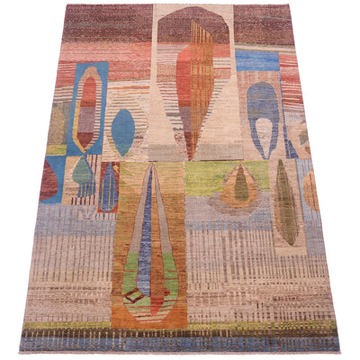 Overall view of abstract modern carpet handwoven in Afghanistan with jewel like earth tones and layer of abstract forms. Monolithic like formations.
