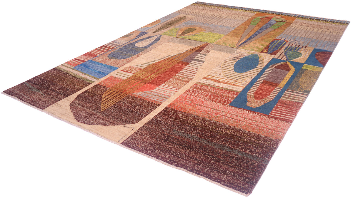 Angled view of modern Afghan carpet with colourful design and abstract structures  as well as layering of abstract geometric motifs. Lineal as well as organic concepts.