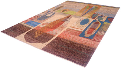 Angled view of modern Afghan carpet with colourful design and abstract structures  as well as layering of abstract geometric motifs. Lineal as well as organic concepts.