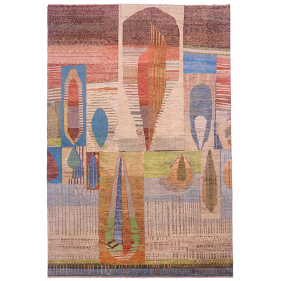 Handmade abstract rug with geometric shapes in earthy beige stone, rust, , blue, and  and sap green tones, Amber tonesand soft rust. Pure wool pile. Organic and architectural forms.