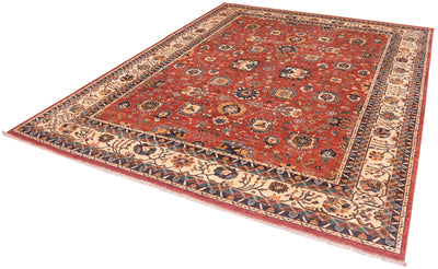 Handknotted Sultanabad design carpet, red with detailed motifs shown from an angle