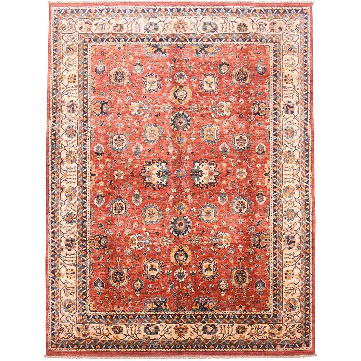 Fine hand-knotted wool pile Afghan Aryana carpet  with an antique Sultanabad design with all over floral pattern on a colourful rust-terracotta field surrounded by a cream border with orange, green and blue detailing.
