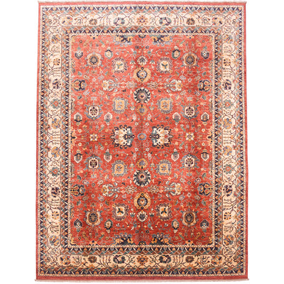 Handknotted Sultanabad design carpet with red field and cream geometric border