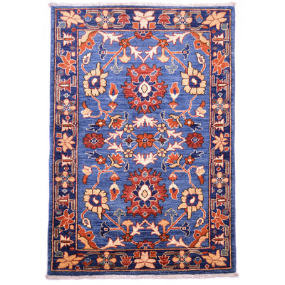 Wool pile Handmade Blue Aryana Small Rug with floral harshang design.