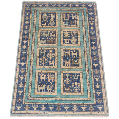 A 5x3 rectangular Afghan Aryana Rug with a traditional tribal design, featuring a turquoise and navy blue centre field with geometric and animal motifs, surrounded by a beige and blue patterned border.