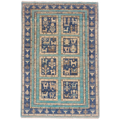 Afghan Aryana Rug in colours of turquoise with navy blue and beige. It has a charming all over panel design: each panel contains plant & animal motifs.