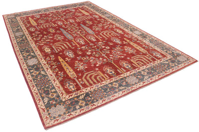 A traditional oriental-style fine Afghan Aryana area rug with a deep red field, detailed floral and architectural motifs, and a wide beige and green border, shown from an elevated angle on a white background.