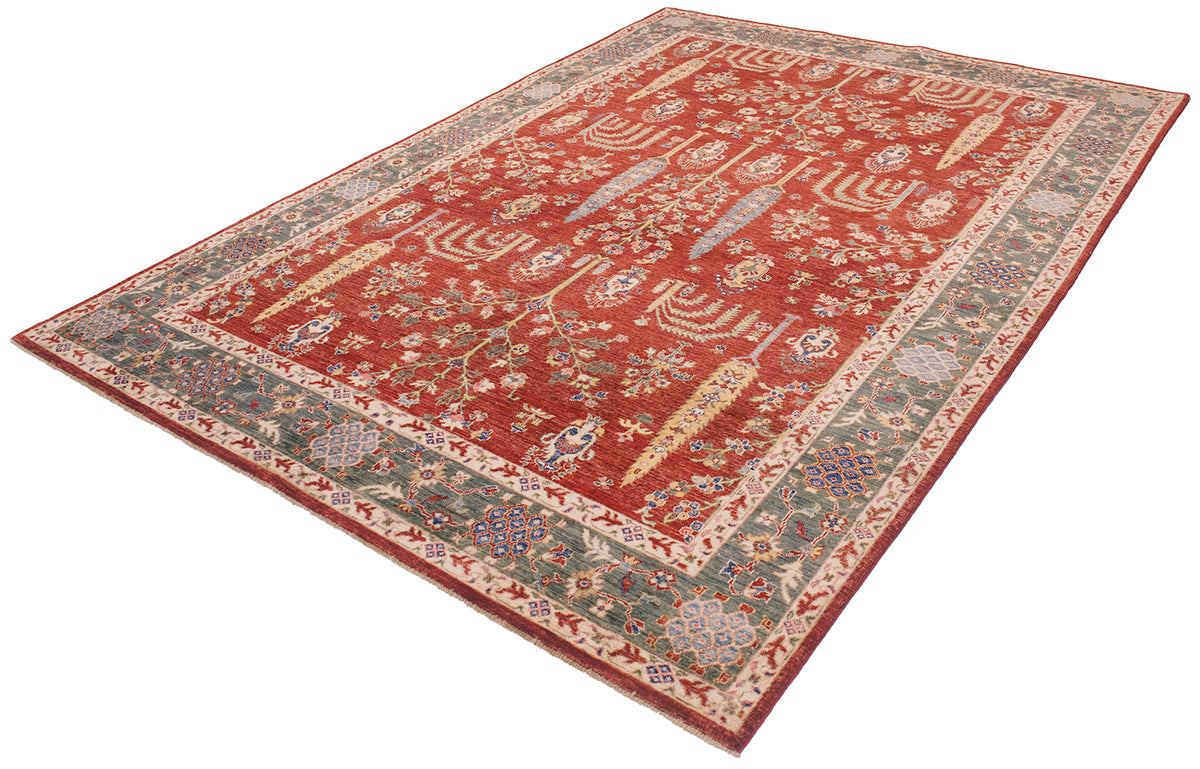 A rectangular traditional fine Aryana area rug with a red central field, beige and green borders, and blue-green floral motifs, photographed on a plain white background.