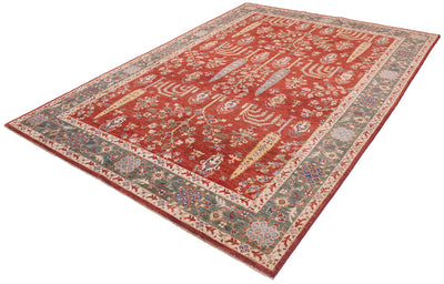 A rectangular traditional fine Aryana area rug with a red central field, beige and green borders, and blue-green floral motifs, photographed on a plain white background.