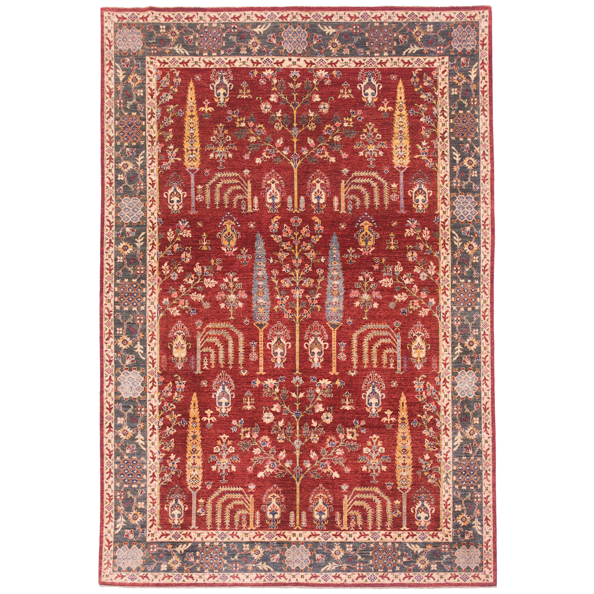 Hand-knotted wool pile Afghan Pictorial fine Aryana Carpet with pictorial design of trees on a red field with green border.